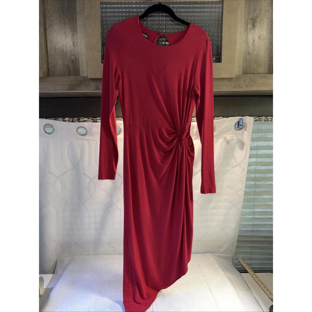 BEBE Size M Red Long Sleeve  Ruched Midi Hi Low Dress